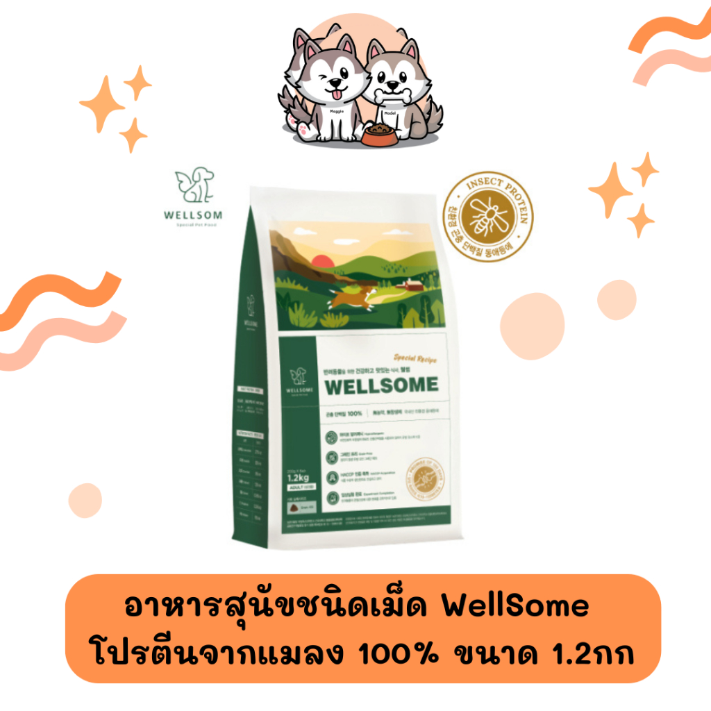 อาหารสุนัขชนิดเม็ด Wellsome (โปรตีนจากแมลง) ขนาด 1.2กก ผลิตจากประเทศเกาหลี เหมาะสำหรับแมวแพ้ง่าย ขนร