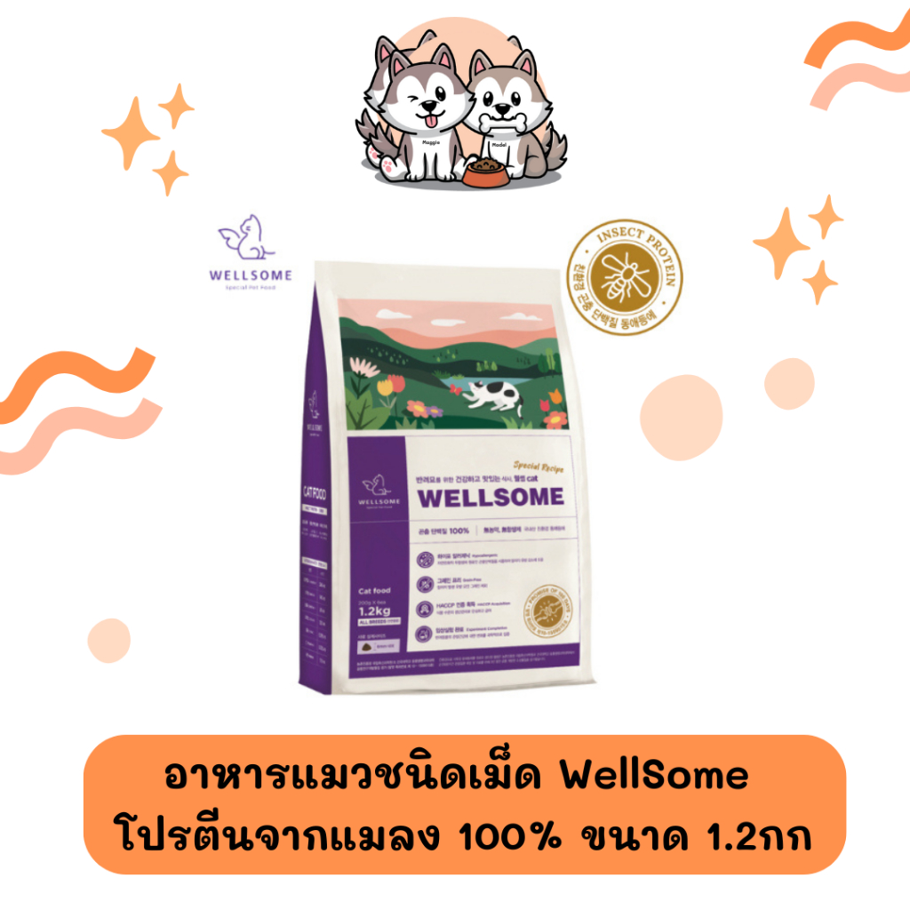 อาหารแมวชนิดเม็ด Wellsome (โปรตีนจากแมลง) ขนาด 1.2กก ผลิตจากประเทศเกาหลี (1แถม1)