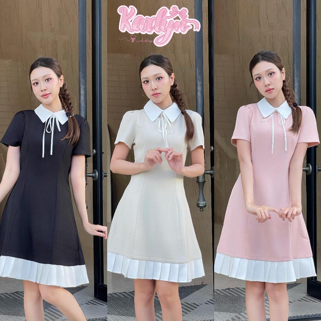 【Karlyn】FZ-CC-H83# ชุดเดรสเเขสั้น แต่งคอปกดีเทลโบว์ ทรงสวยเข้ารูป ปลายกระโปรงจับจีบ ใส่เเล้วน่ารักมาก