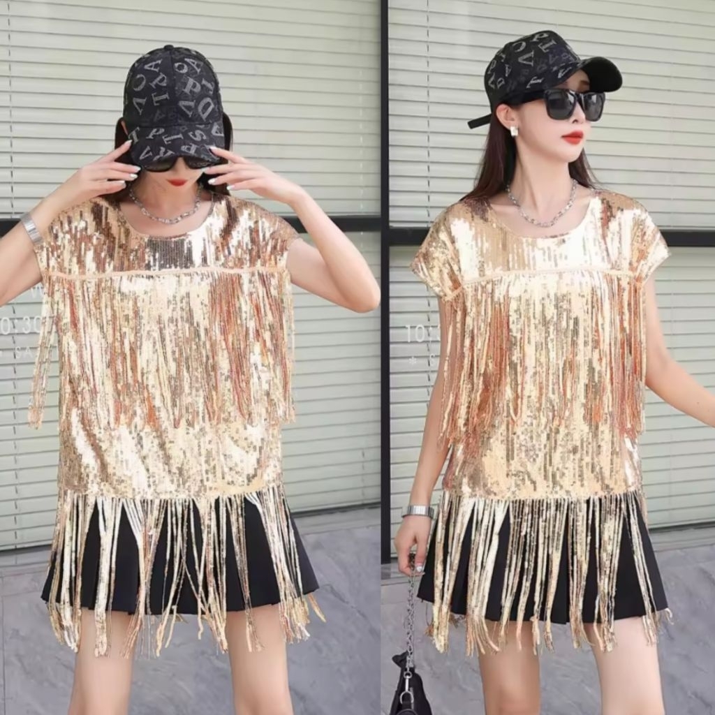 เสื้อปักเลื่อมสีทองแขนล้ำ เสื้อกลิตเตอร์วิ้งๆเเต่งพู่ฟรุ้งฟริ้ง (สินค้าในไทย )