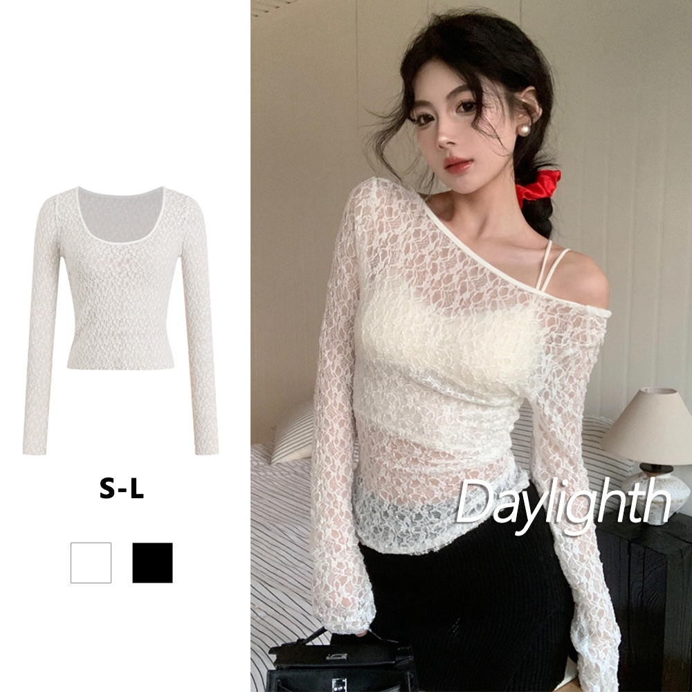 สีทึบเสื้อยืดลูกไม้มุมมอง Bottoming เสื้อผู้หญิง Slim FITTING เสื้อแขนยาว DL