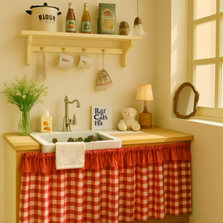 🍟🍫🍿✨ผ้าม่านเคาท์เตอร์ครัวสก็อตสีแดงคอย่นระบายสีแดง พร้อมส่ง …