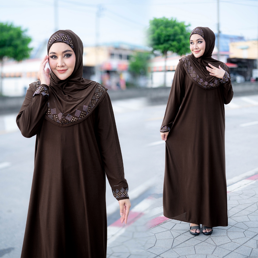 ชุดเดรสมุสลิม ติดผ้าคลุม ชุดออกงานอิสลาม ปักเพชรรีดเรียบหรู สไตล์ตุรกี ผ้ายืดทิ้งตัว IM36วาริสมุสลิม