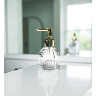 ขวดแก้วหัวปั้มแก้วใส หัวปั้มสแตนเลสสีเงิน ขนาด 200ml.No.3757