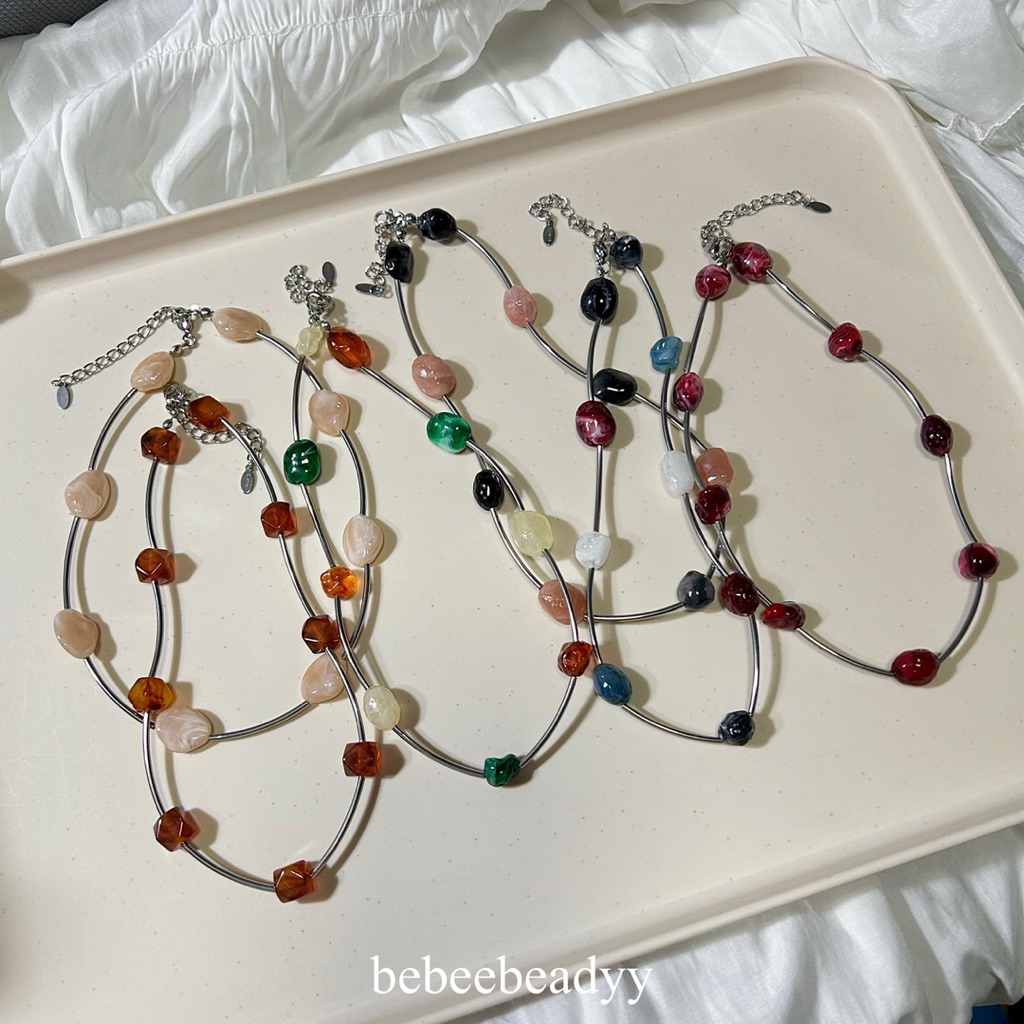 (พร้อมส่ง) สร้อยคอ ลูกปัดอะคริลิค 🍸🍒🤎 | สร้อยลูกปัดอะคริลิค ทรงหิน (Stainless steel)