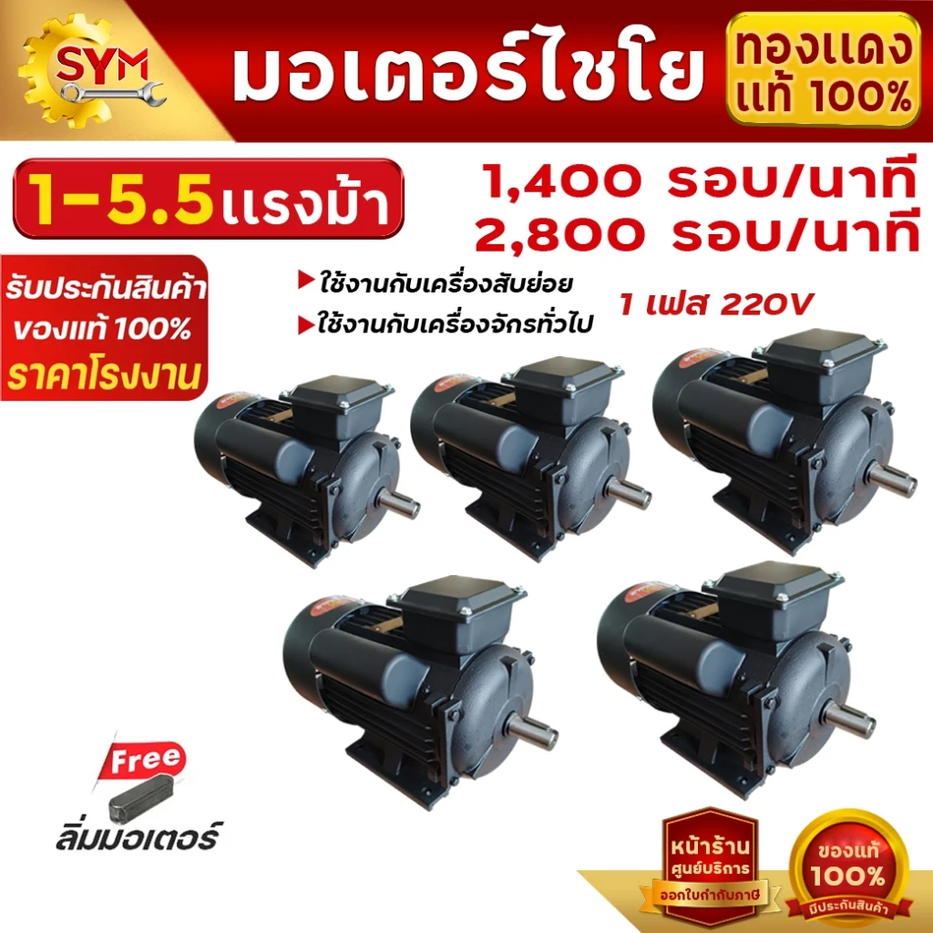 มอเตอร์ทองเเดงเเท้(YL) 100%1-5.5เเรงม้า 1400,2800รอบ/นาทีใช้ไฟบ้าน220V มอเตอร์ไชโย มอเตอร์อเนกประสงค์