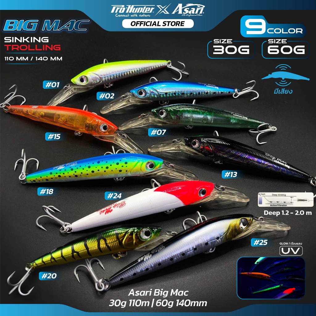 เหยื่อปลอมตกปลา Prohunter Asari Big Mac สำหรับตกปลา ขนาด 110mm และ 140mm