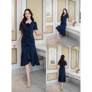ชุดออกงาน ชุดเพื่อนเจ้าสาว koolykool(พร้อมส่ง S-4XL) คอวีแขนสั้นกระโปรงจีบหน้าแถมเข็มกลัดสายเกลียว CP00