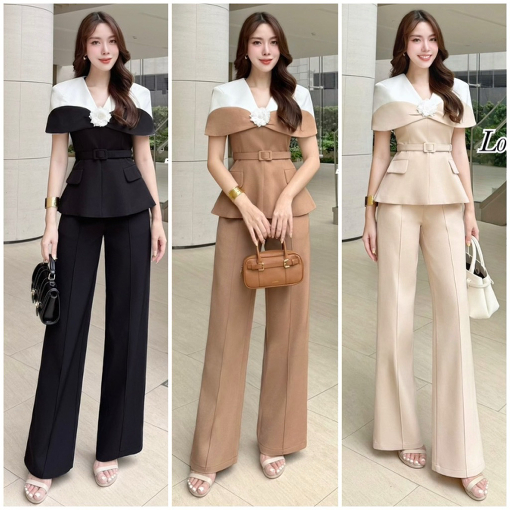 Set4ชิ้น เสื้อ กางเกง พร้อมเข็มขัด และเข็มกลัดดอกไม้