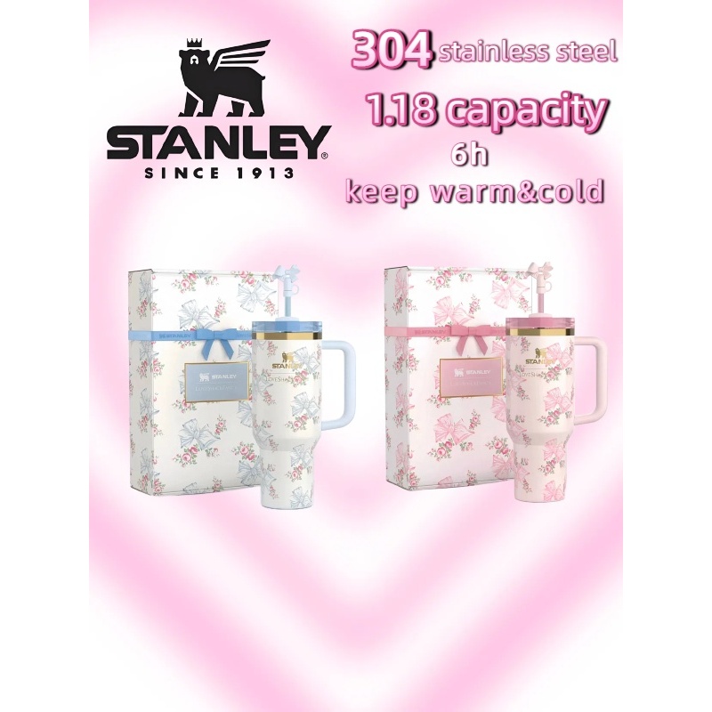 แท้ 💯%Stanley x LoveShackFancy สินค้าคอลแล็บ แก้วเก็บอุณหภูมิ พิมพ์ลายโบว์ความจุสูง เก็บความร้อน-เย็นได้