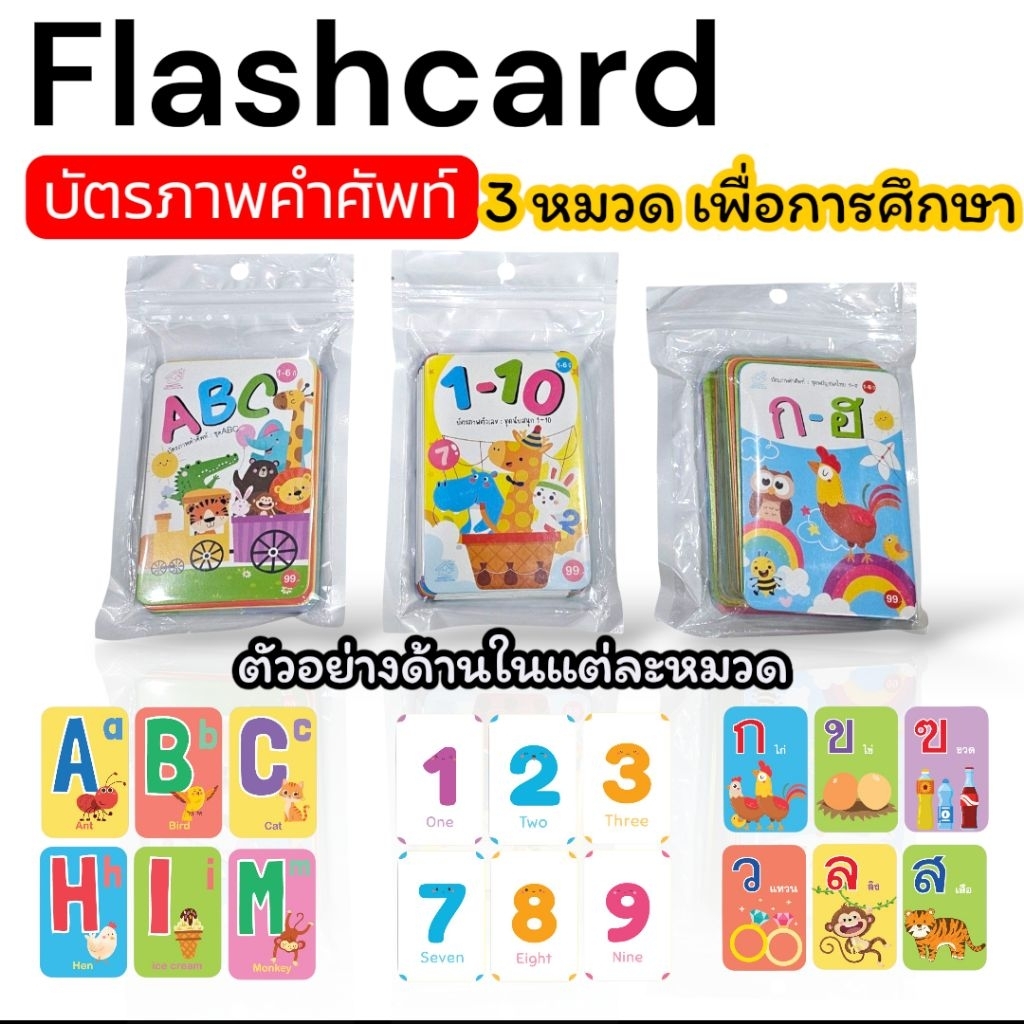 บัตรภาพคำศัพท์ 3 หมวดสุดคุ้ม flashcard กขค abc ตัวเลข
