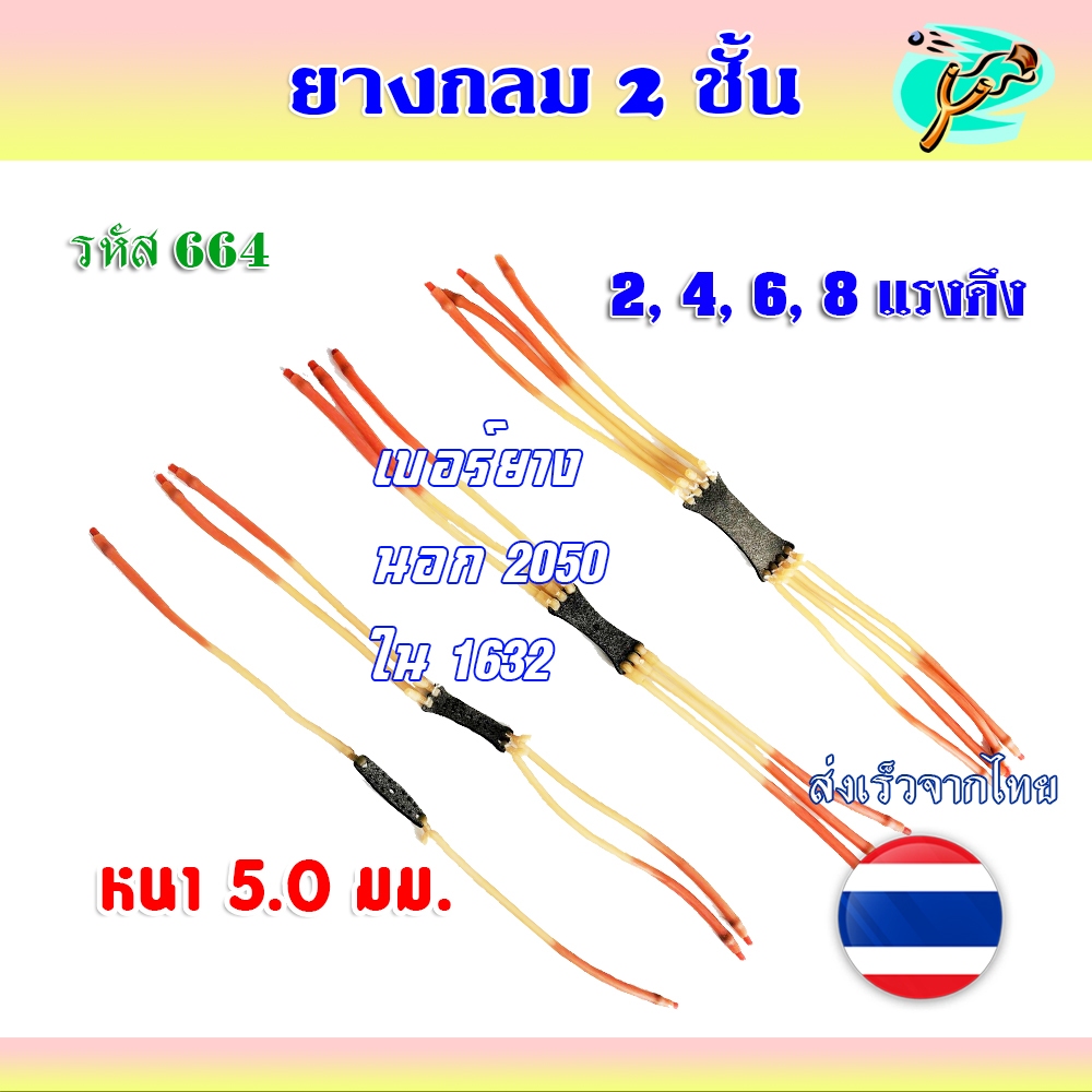 (ส่งจากไทย) ยางกลม 2, 4, 6, 8 แรง 2 ชั้น ยาว 44 ซม. เบอร์ยางนอก 2050 ยางใน 1632 รหัส 664