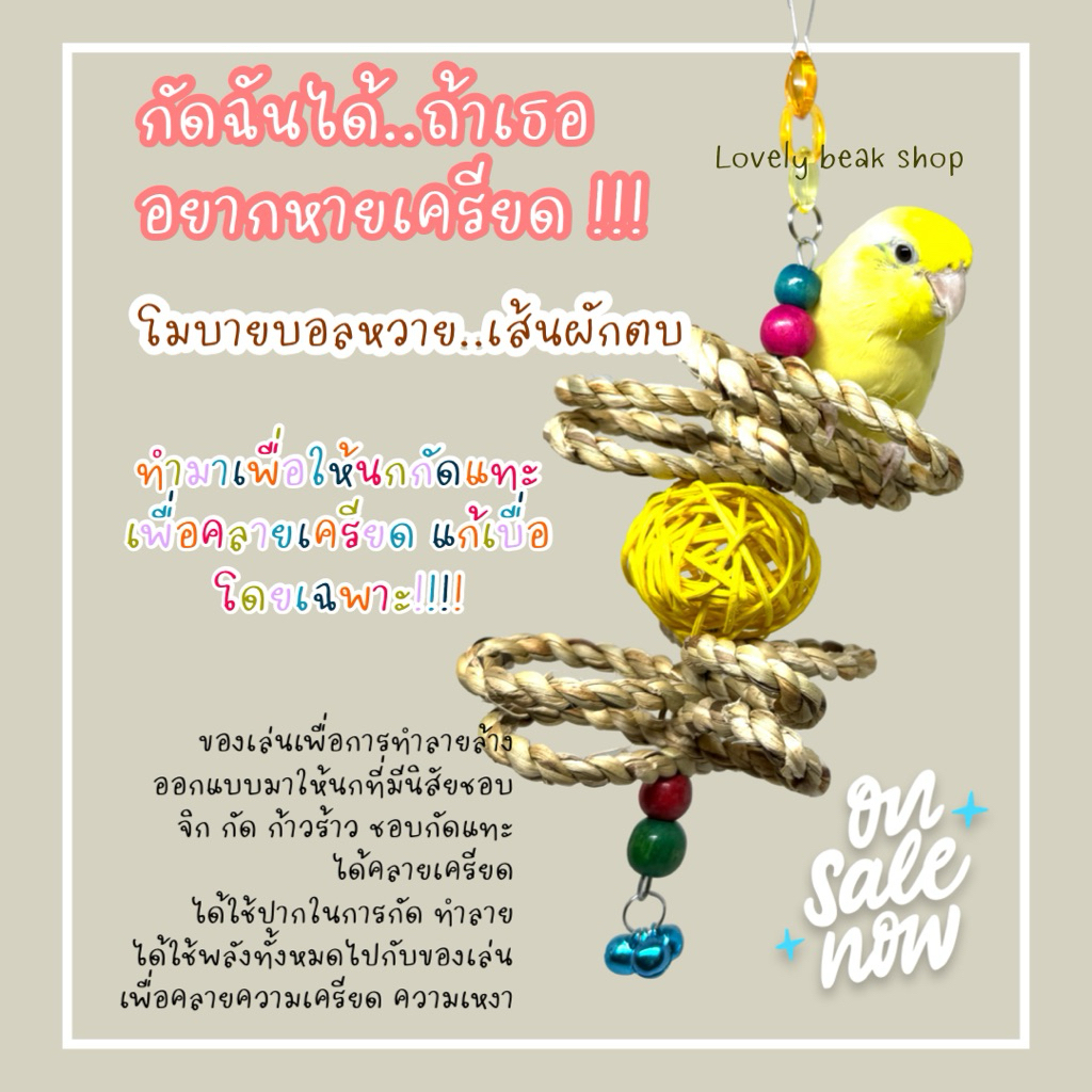 ของเล่นนก โมบายบอลหวาย+เส้นผักตบชวา กัดแทะคลายเครียด ฟอพัส หงส์หยก เลิฟเบิร์ด
