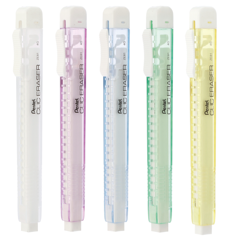 Pentel ZE81 ยางลบเลื่อน ด้ามใสสีพาสเทล มีไส้ยางลบเติม **Non-PVC** และ **Latex-free**