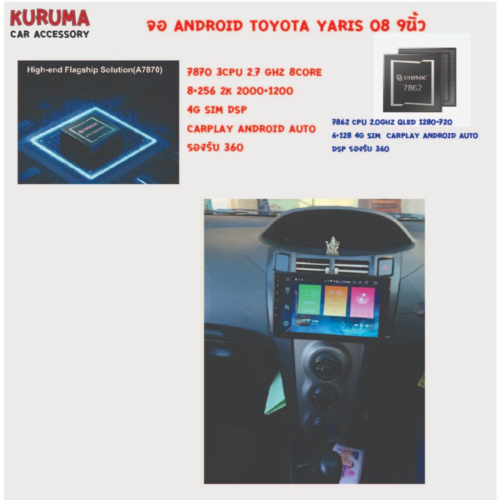 จอ android Toyota yaris 08 7870 3CPU 2.7GHZ 8+256 2k 360/7862 2CPU 8core 6+128 QLED 360