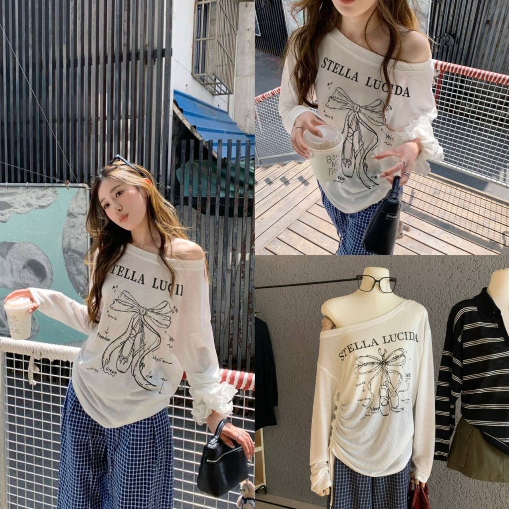 เสื้อคอกว้างแขนยาวสกรีนลายรุ่น 6914 TAG WG.WE 🇰🇷