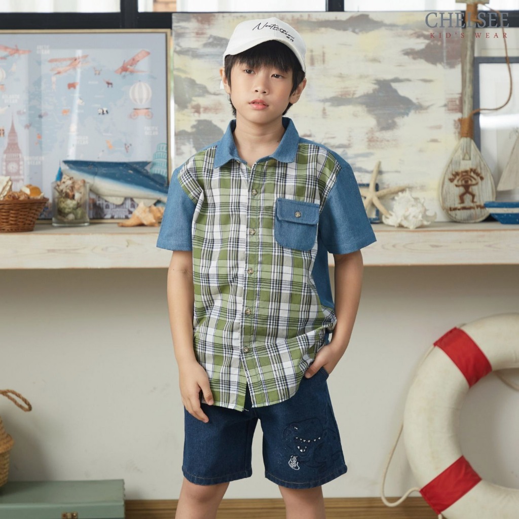 Chelsee เสื้อเชิ้ตยีนส์ แขนสั้น ลายสก๊อต ผ้ายีนส์ 100%Cotton เด็กผู้ชาย อายุ 1.5-10 ปี เสื้อผ้าเด็กโต รุ่น 128179 รูปที่ 4