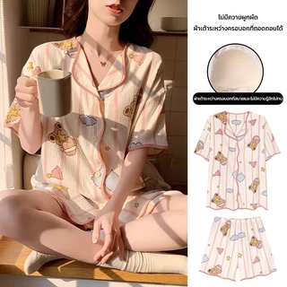 💚พร้อมส่ง💚ชุดนอนผู้หญิง มีบราในตัว ชุดนอนแขนสั้นขาสั้น ลายการ์ตูน เนื้อผ้าใส่สบาย น่ารัก ขนาดใหญ่ M-4XL