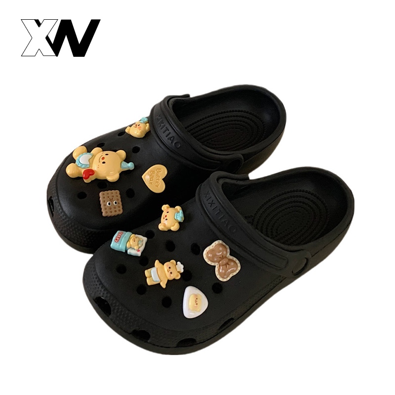 XWbrand   ดีไซน์หัวใจหมีน้อยและโบว์สำหรับรองเท้าเจาะรูระบายอากาศพร้อมดอกไม้น่ารักแบบทำเองได้สไตล์วันพักผ่อนชายหาดสวยงาม
