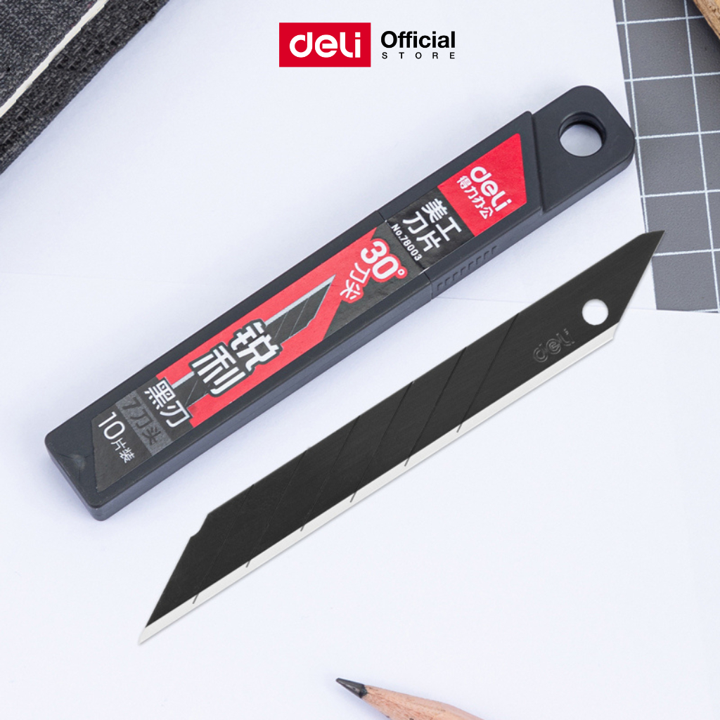 Deli ใบมีดคัตเตอร์ ใบมีดคาร์บอน 30/60 องศา คัตเตอร์ตัดกระดาษ บรรจุ 10 ใบ Cutter blade