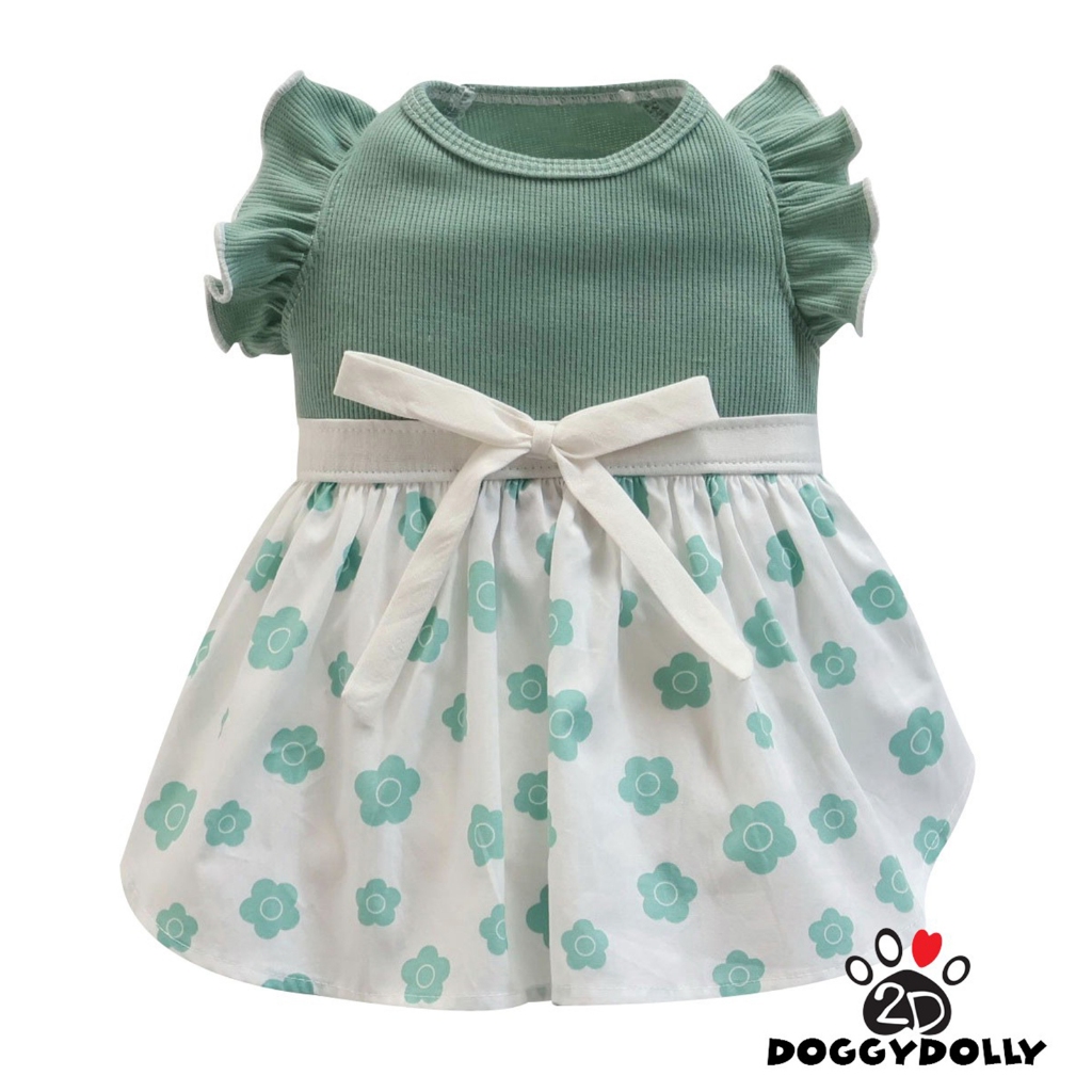 Pet clothes -Doggydolly  เสื้อผ้าแฟชั่น น้องหมาน้องแมว ชุดกระโปรง แขนในตัวระบาย  สีเขียว ขนาดไซส์ 1-9โล D932