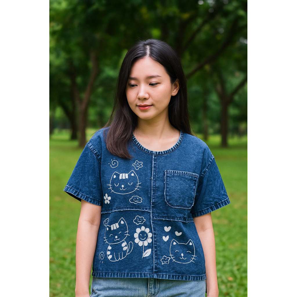 เสื้อหม้อฮ่อมฟอกสโตนลายปักน่ารักๆ ฟรีไซต์อก40-46“ ราคา ถูกที่สุด ดีลบีเคเค แกลเลอรีภาพที่ 2