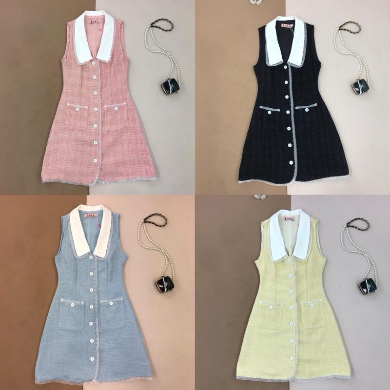 [LISA] A1051 ชุดเดรสกระโปรงคอปกแขนกุดแต่งลูกไม้กระดุมผ่าหน้าแต่งกระเป๋า เรียบหรูดูแพง ใส่เที่ยว คาเฟ่ ออกงาน ดินเนอร์