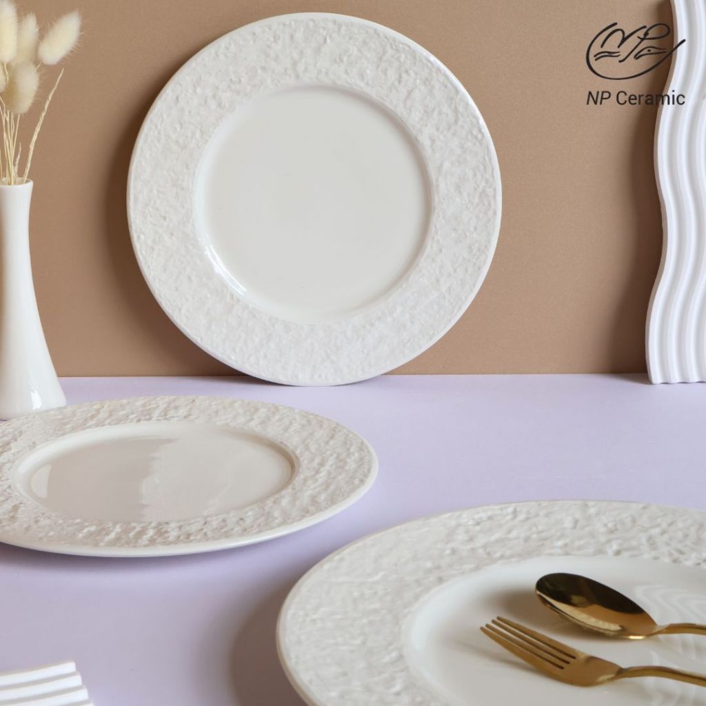 [ลดสูงสุด 80%] NP Ceramic จานเซรามิค สีขาวคสาสิค สวยเก๋ มีลวดลายหิน แข็งแรงทนทาน พร้อมส่ง