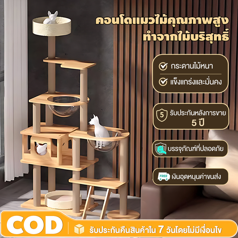 คอนโดแมว ไม้ ขนาดใหญ่ แข็งแรงมาก ไม่สั่นไหว สูง170CM เสาลับเล็บ  พร้อมโดมนอนแบบใส ที่ลับเล็บแมว บ้านแมว คอนโดแมวใหญ่