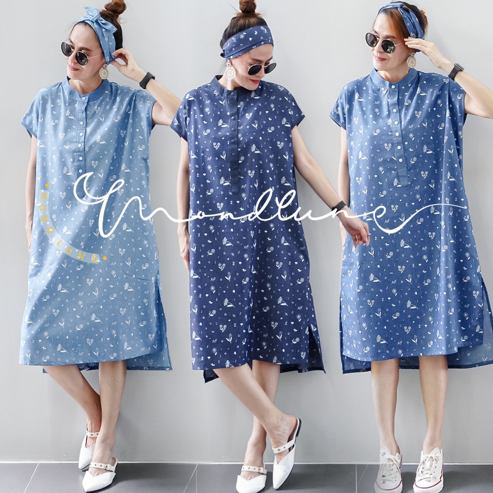 #4020 MondLune ชุดเดรสคอจีนโปโล แขนเกย กระเป๋าข้าง หน้าสั้น-หลังยาว ผ้ายีนส์ พิมพ์ลายดิจิตอล