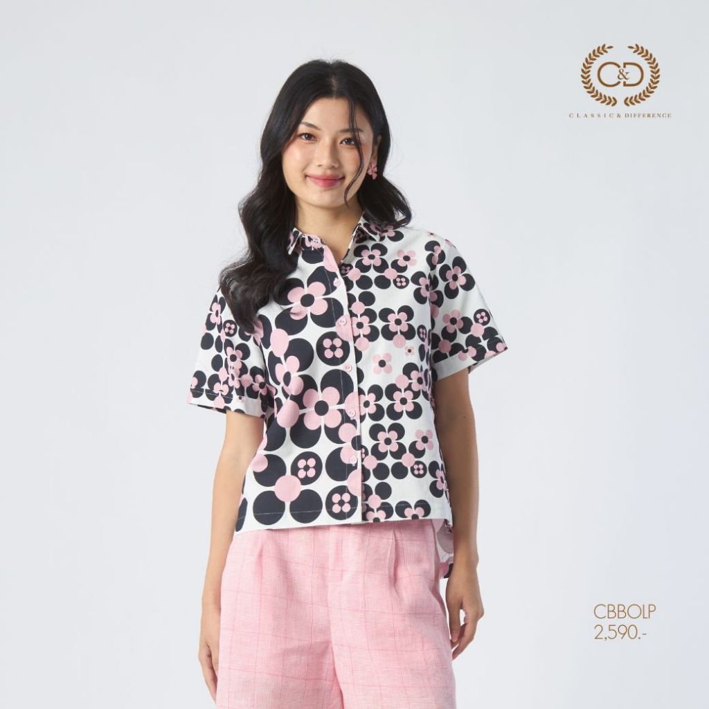 C&D Woman’s shirt Dot flowers เสื้อเชิ้ตผู้หญิง แขนสั้น สีชมพู CBBOLP