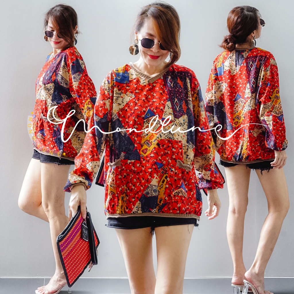 #3164 MondLune เสื้อเบลาส์แขนยาว คอวี แต่งอะไหล่ โอเวอร์ไซด์ ไซด์ใหญ่ ผ้าป่านคอตต้อน ลายกราฟฟิค