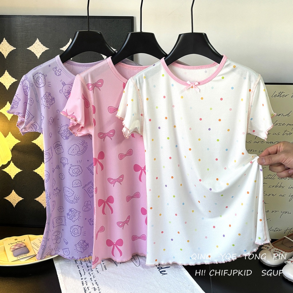 Moodeng_Baby ชุดนอนเด็ก ฤดูร้อน ลายการ์ตูน ผ้าไหมน้ำแข็ง ใหม่ สำหรับเด็ก ผู้หญิง ทารก เด็กเล็ก ชุดเดรสเสื้อยืด ลูกไม้