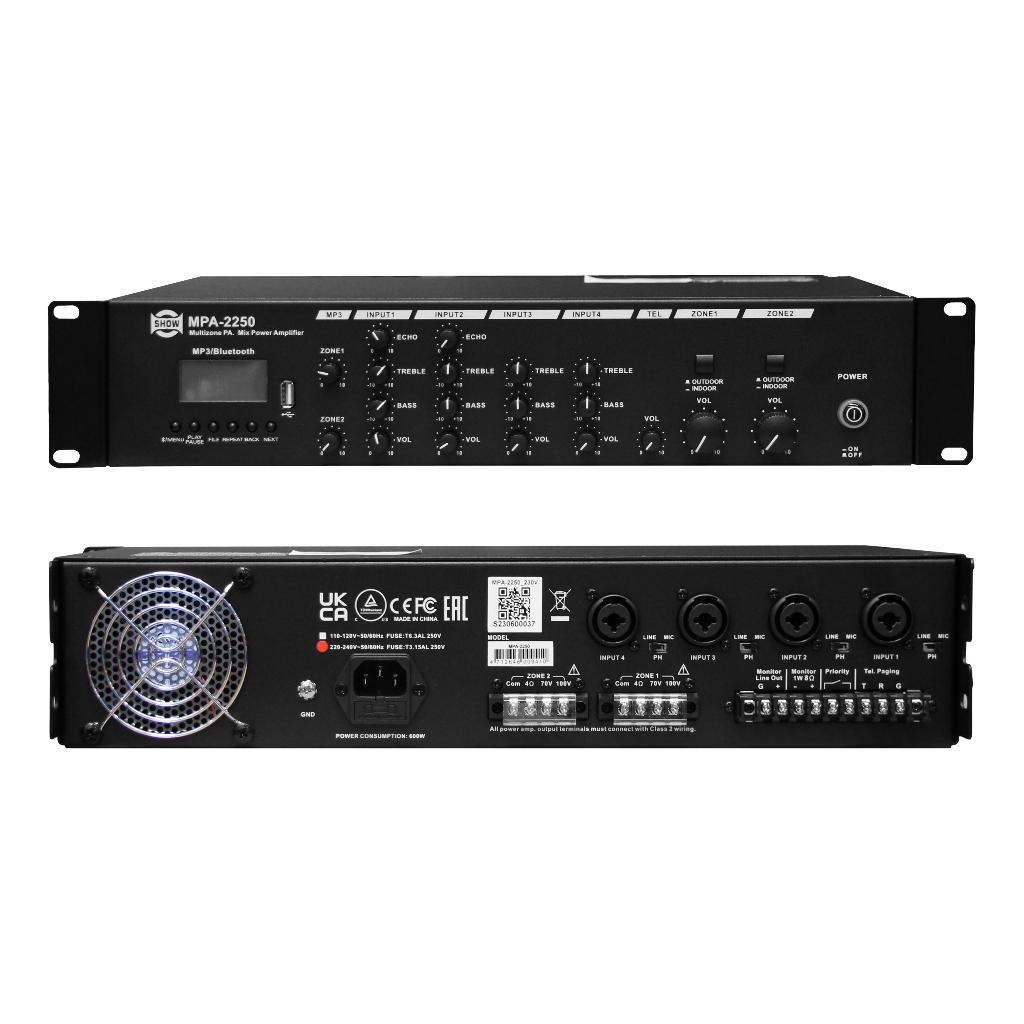 SHOW Multiplex Power Mixer 2x250W MPA-2250 (MP3+FM+BT+2 Zone)