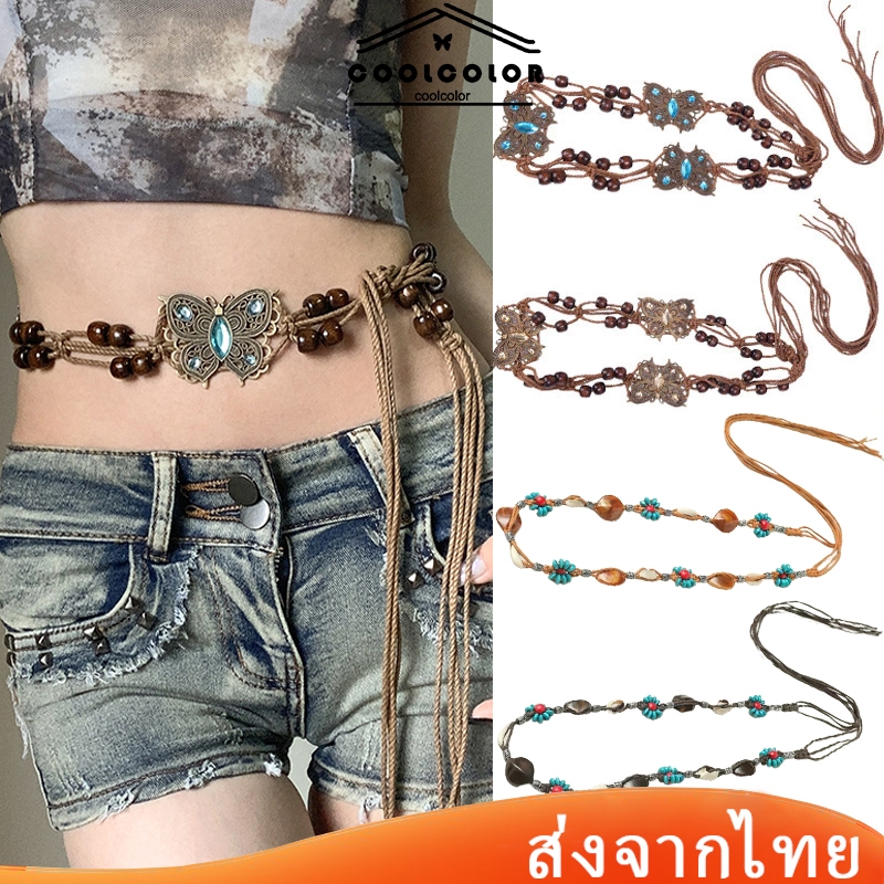 ในไทย💖สไตล์โบฮีเมียนผีเสื้อน้ําเพชรทอสไตล์ชาติพันธุ์ลูกปัดเข็มขัดผู้หญิงสบายๆสไตล์วันหยุดเอวเชือกใหม่