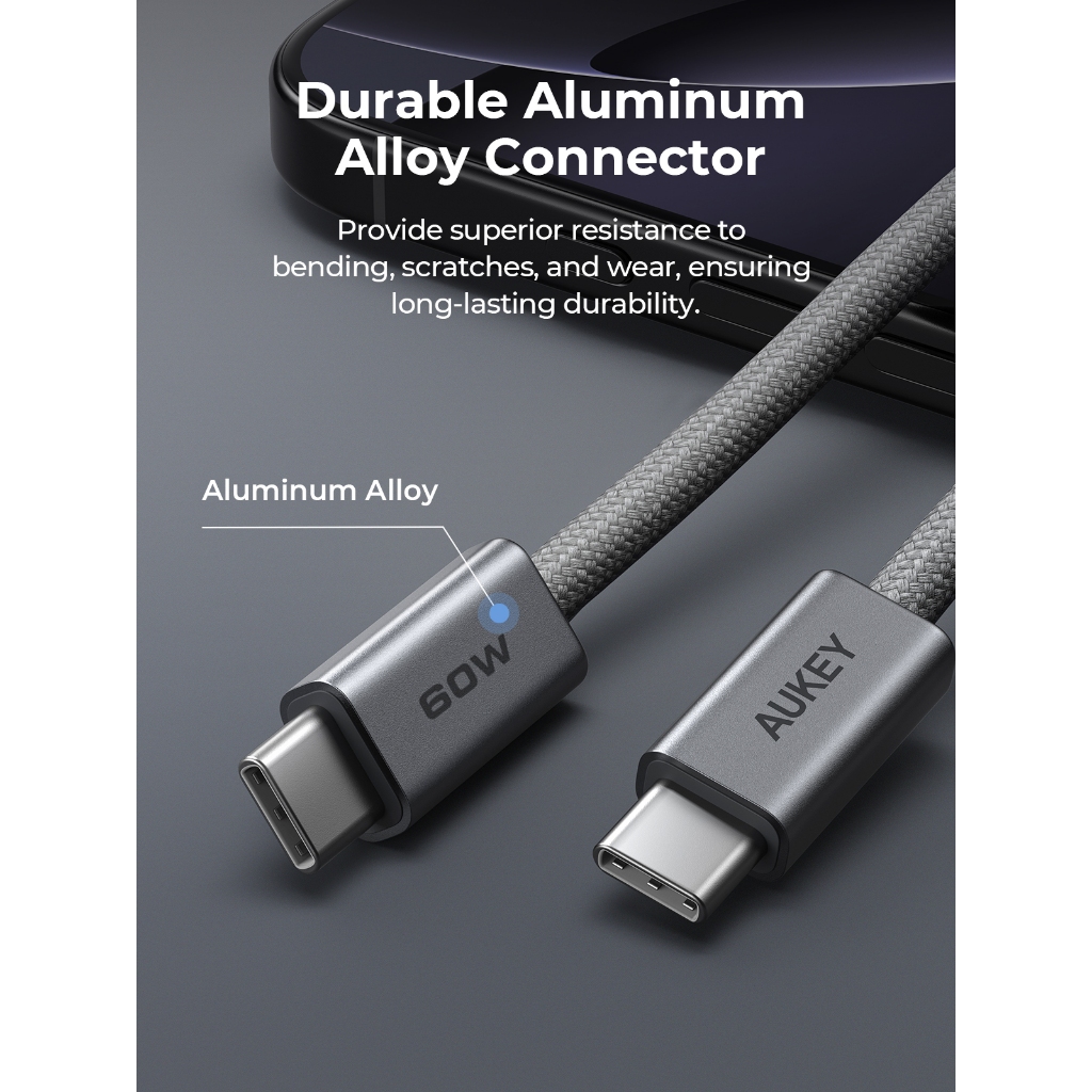[สำหรับ iPhone 17] AUKEY สายชาร์จเร็ว 60W PD USB-C to USB-C สายถัก DTY เกรดพรีเมียม CB-DCC061/DCC062 - ภาพย่อย 5