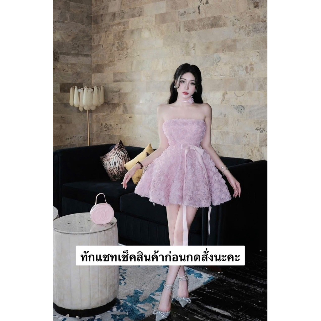 เดรสสั้นเกาะอกสีชมพูดอก3DD