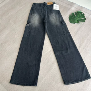 #6621 (XS-6XL) jinjeans กางเกงยีนส์คาร์โก้สีดำฟอก แต่งเฟด