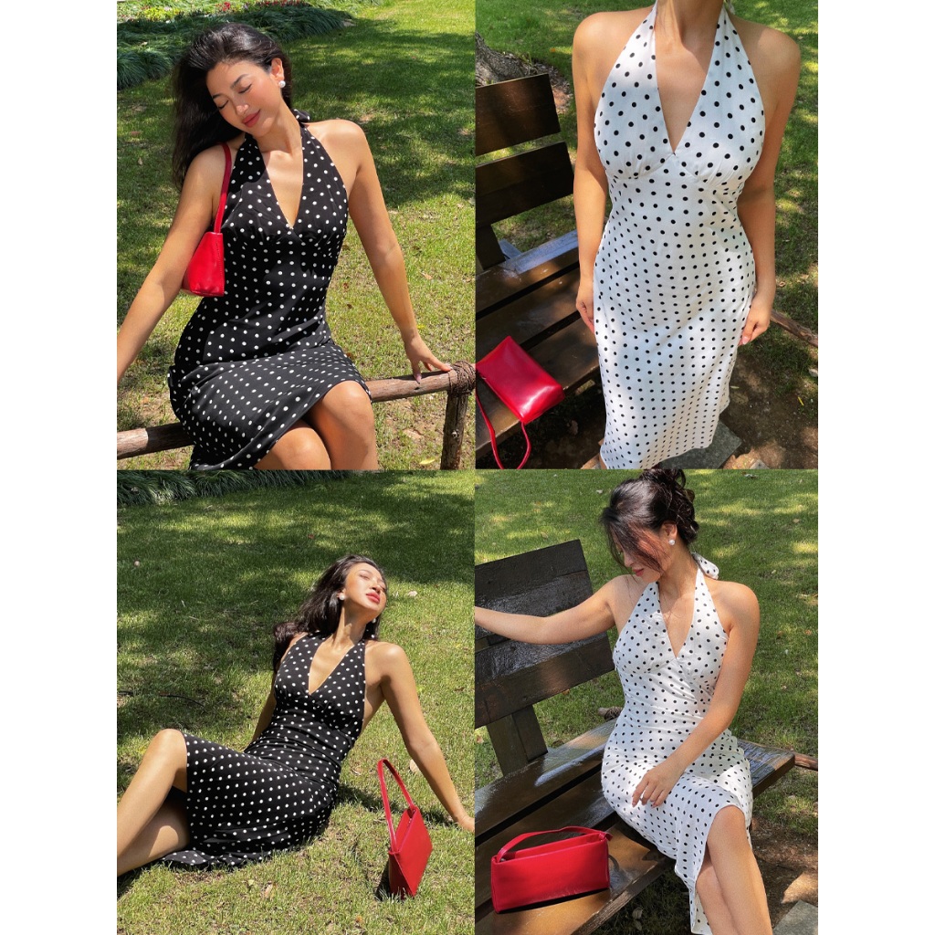 ✨Aiya Polkadot Midi Dress✨เดรสลายจุด ผูกคอ วินเทจ _Gioia.991  ( #gii531 ) ราคา ถูกที่สุด ดีลบีเคเค