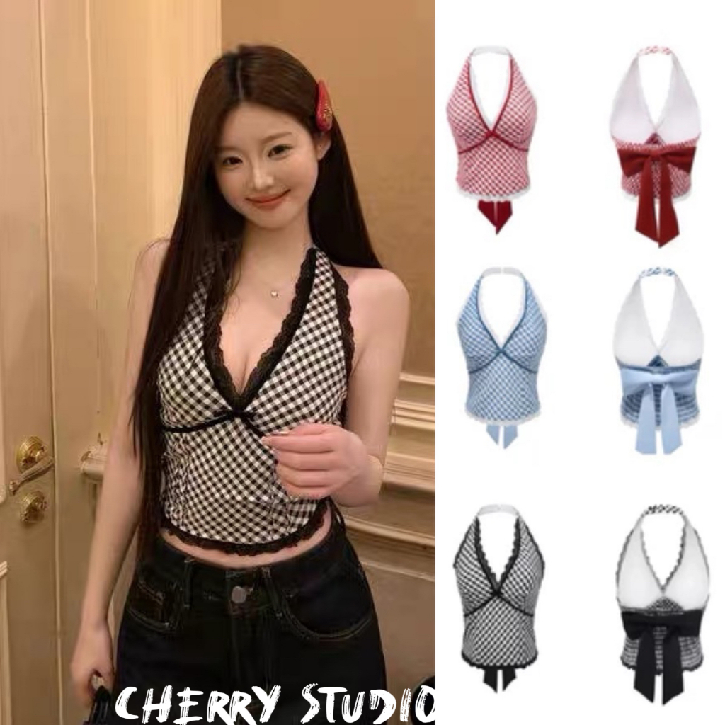 Cherryพร้อมส่ง💗เสื้อคล้องคอ เสื้อครอปลายสก๊อต แต่งลูกไม้ ผูกโบว์ใหญ่ด้านหลัง สม็อคหลังแหวกหน้า น่ารักแซ่บๆ สไตล์เกาหลีY