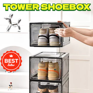 กล่องใส่รองเท้าพลาสติกแข็งสีดำ วัสดุแบบอะคริลิคใส tower shoe box ออกแบบฝาหน้าแม่เหล็ก เก็บวางรองเท้ากล่องรองเท้า