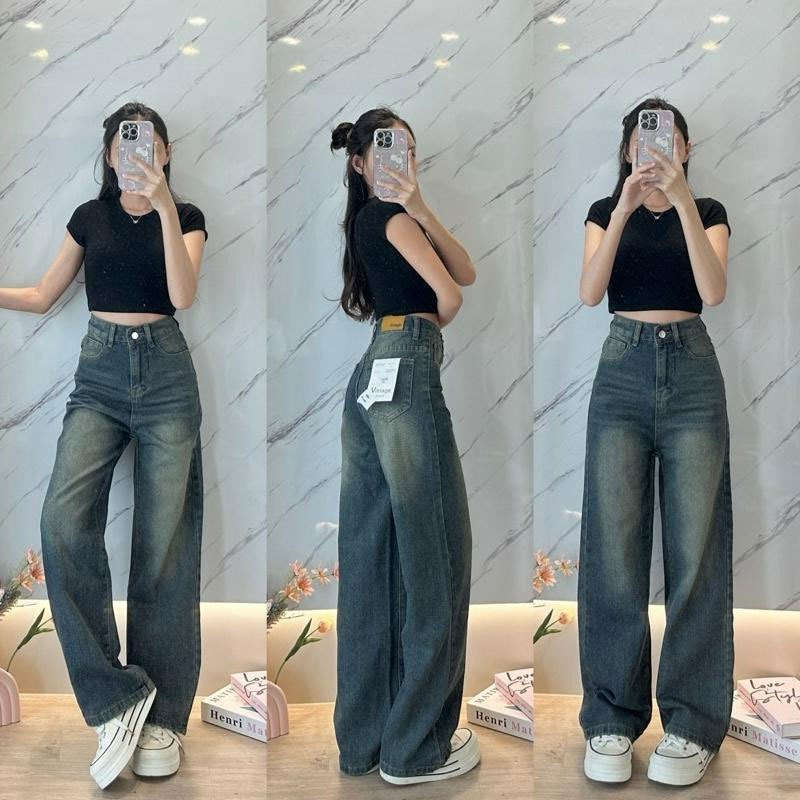 🌺919JEANS🌺กางเกงยีนส์วินเทจ Fade Long Tube กางเกงยีนส์ผู้หญิง กางเกงยีน ทรงหลวม