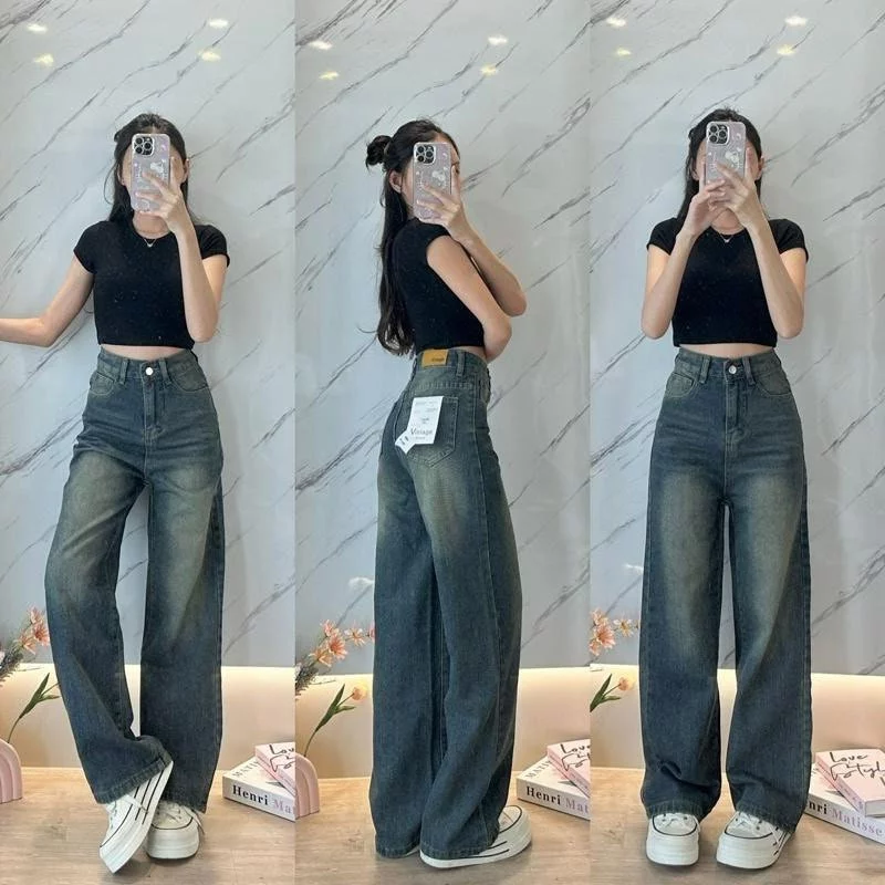 919JEANS กางเกงยีนส์วินเทจ Fade Long Tube ทรงหลวม