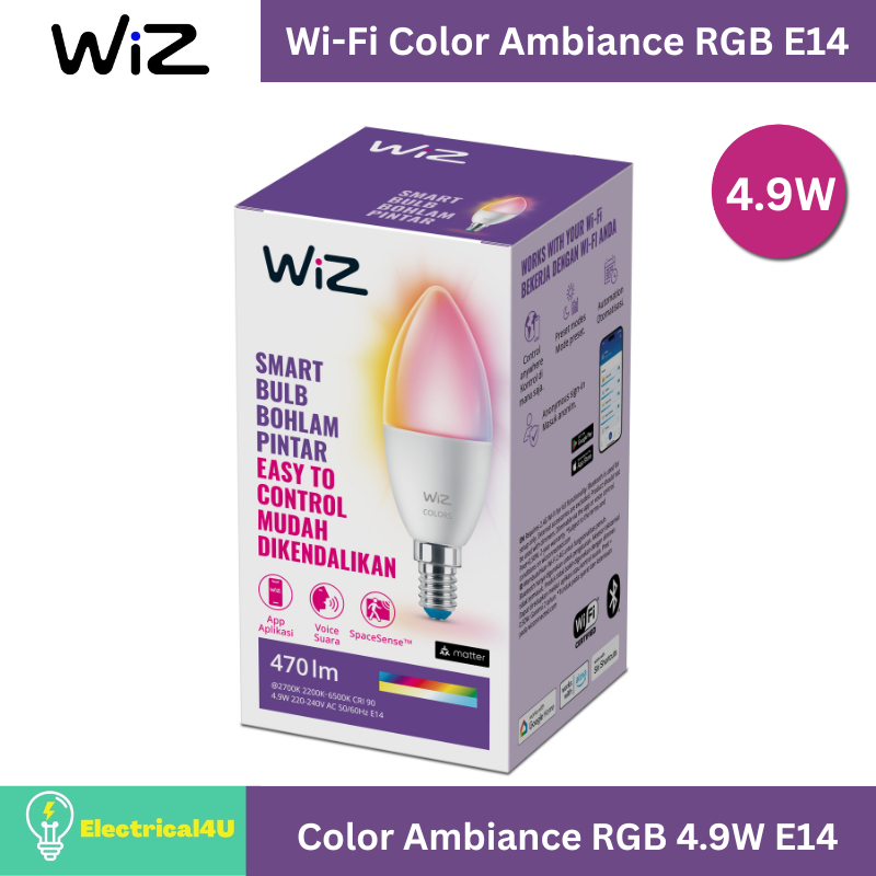 WiZ Color Ambiance RGB หลอดไฟอัจฉริยะ เปลี่ยนสีได้ 16 ล้านสี 4.9W ขั้ว E14