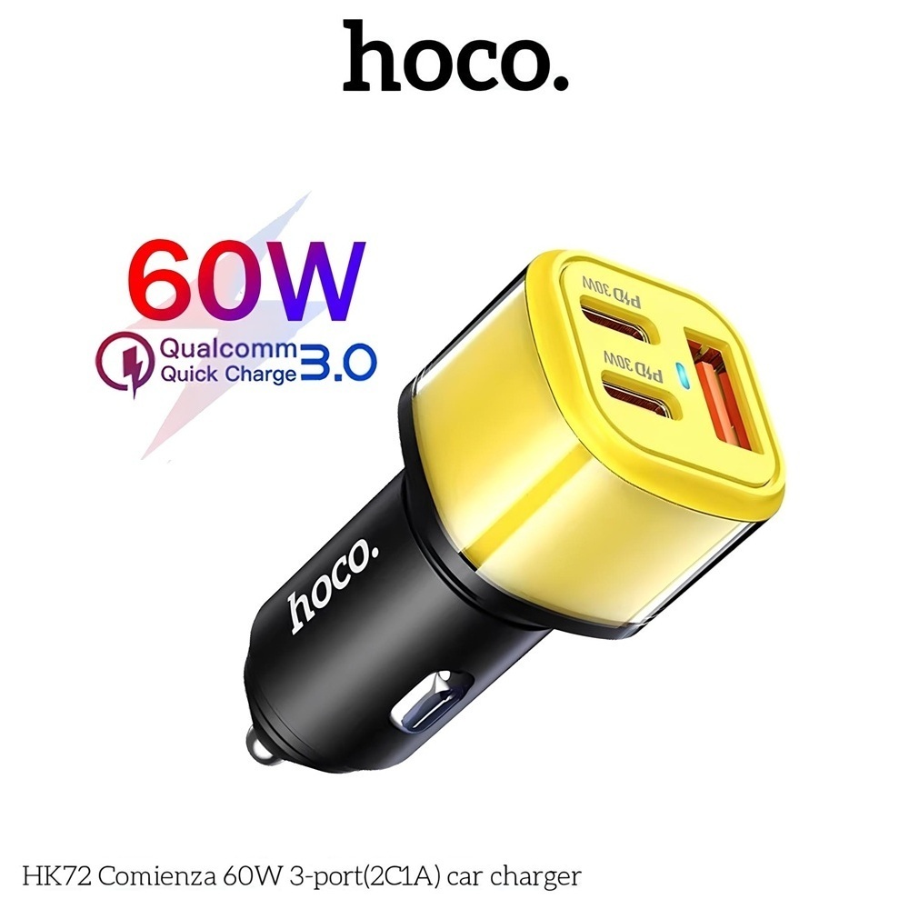 HOCO HK72 หัวชาร์จในรถ 3พอร์ต ชาร์จเร็ว PD 30W + QC 3.0 (สูงสุด 60W) พอร์ตชาร์จ Type-C x 2 / USB x 1