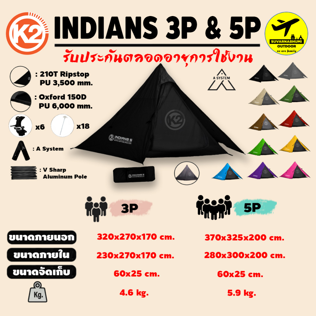 เต็นท์กระโจม K2 INDIANS 3 และ INDIANS 5  ระบบเสา A system (ไม่มีเสาตรงกลาง)