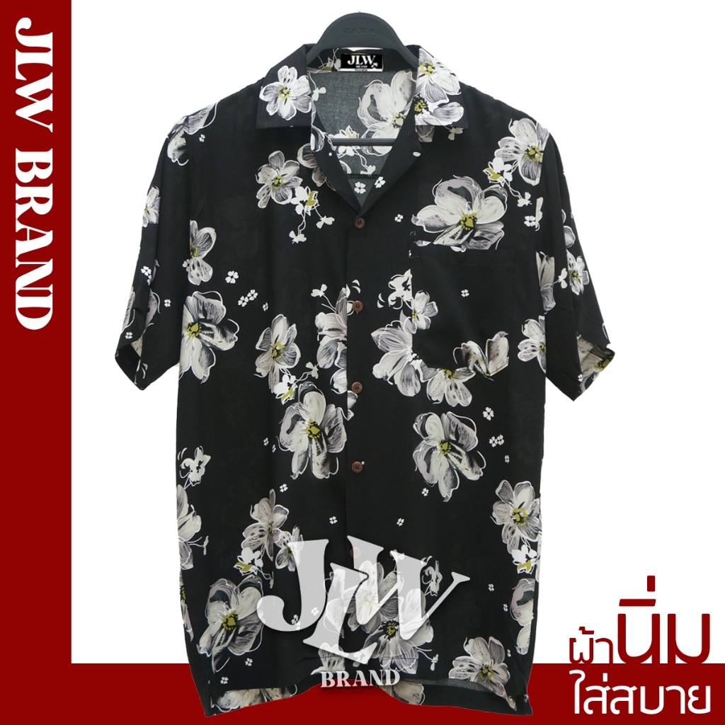 เสื้อฮาวาย ลายดอกชบา ดำ ผ้านิ่ม M L XL Oversize คอฮาวาย JLW BRAND
