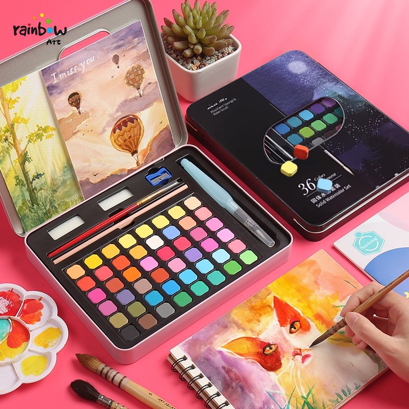 สีน้ำ 36 สี สีน้ำเซ็ทใหญ่ ชุดสีน้ำกล่องเหล็กโลหะ พู่กันแท้งค์ ชุดพู่กันงานศิลปะ สำหรับผู้เริ่มต้น Watercolour Set