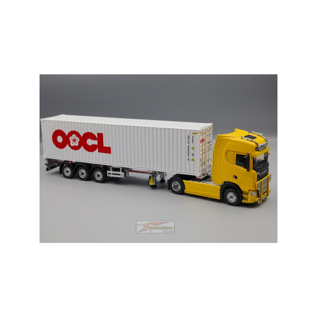Unique Model    1/64 SCANIA 730S Yellow with 40ft Container 1pc White OOCL