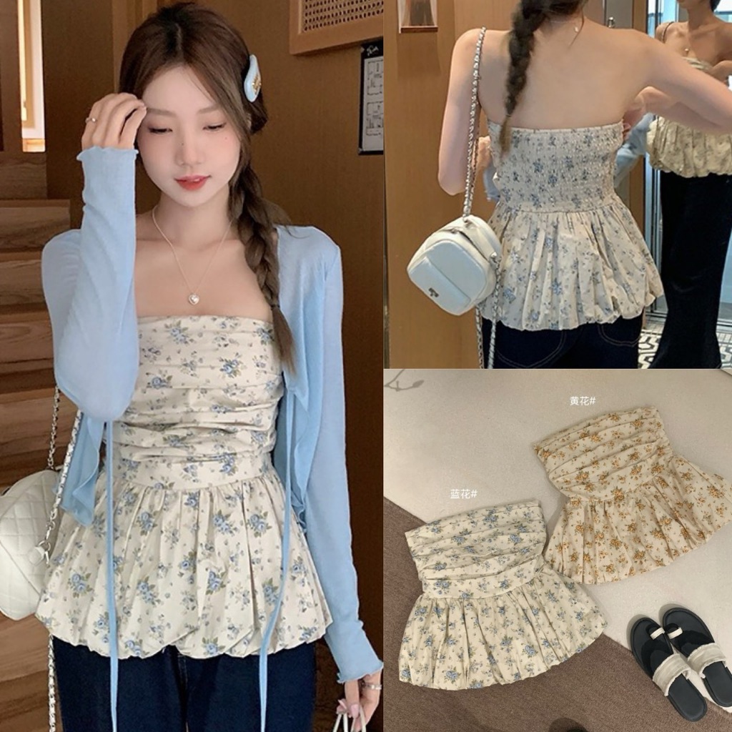 🧡🧵 🇰🇷 W5903 เกาะอก ผ้าลายดอกไม้ น่ารักมากๆๆ แต่งชายทรงบอลลูลเล็กๆ แฟชั่นเกาหลี TAG WG.WE 🧵🧡